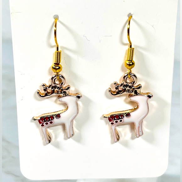 Hand Crafted Gold & White Reindeer Earrings - Picture 1 of 7